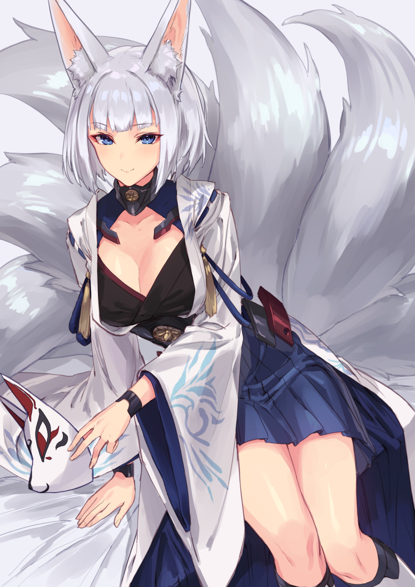 1girl :&gt; absurdres animal_ears azur_lane bangs black_kimono black_legwear blue_eyes blue_skirt blush breasts cleavage closed_mouth collarbone eyebrows_visible_through_hair fox_ears fox_mask hakama_skirt highres holding holding_mask japanese_clothes kaga_(azur_lane) kimono kitsune kneehighs large_breasts looking_at_viewer mask pleated_skirt short_hair sidelocks sigm@ silver_hair skirt smile solo thighs tsurime white_kimono