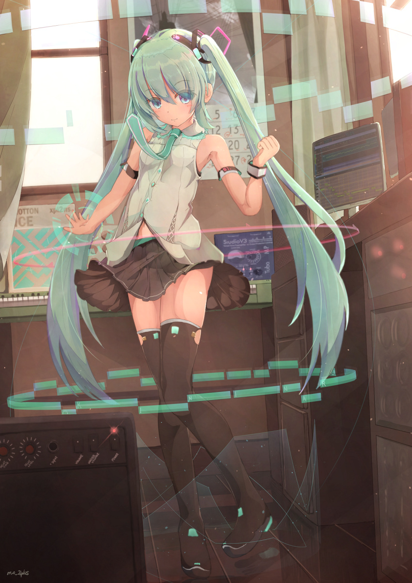 1girl black_footwear black_skirt blue_eyes boots dress eyebrows_visible_through_hair floating_hair green_hair green_neckwear grey_shirt hair_between_eyes hair_ornament hatsune_miku highres indoors long_hair looking_at_viewer miniskirt munehiro_(21plus) navel necktie pleated_skirt shiny shiny_skin shirt skirt sleeveless sleeveless_dress smile solo thigh-highs thigh_boots twintails very_long_hair vocaloid wrist_cuffs
