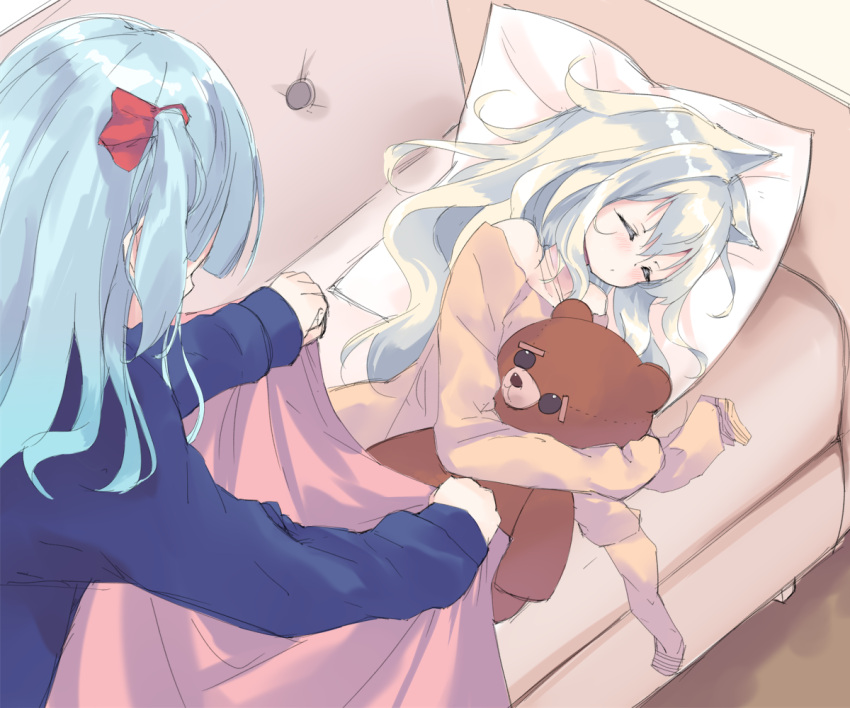 2girls bangs beige_shirt blue_hair blue_skirt blush bow closed_eyes copyright_request couch hair_between_eyes hair_bow hamaru_(s5625t) hands_in_sleeves indoors long_hair long_sleeves lying multiple_girls object_hug on_couch on_side one_side_up parted_lips pillow red_bow silver_hair skirt sleeping stuffed_animal stuffed_toy teddy_bear very_long_hair