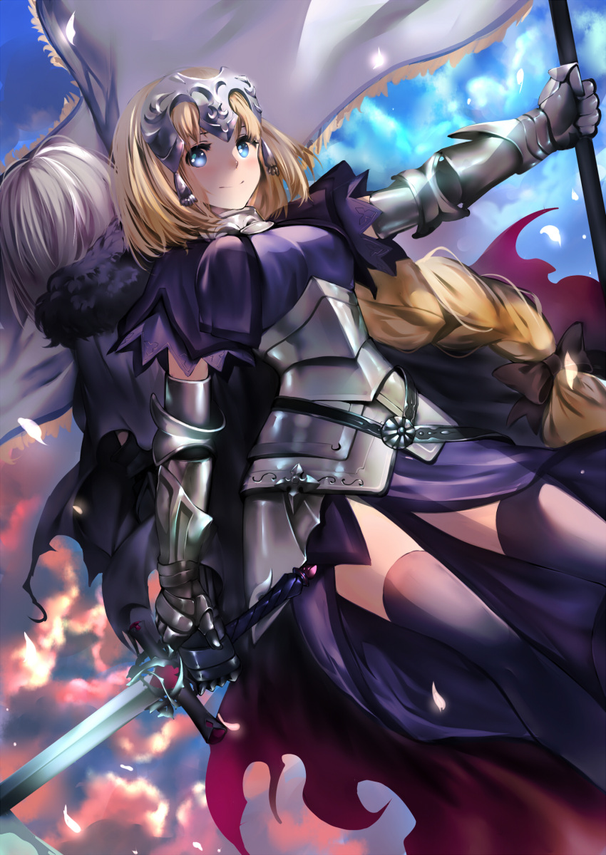 2girls armor armored_dress back-to-back banner black_bow black_legwear blonde_hair blue_dress bow braid dress dutch_angle fate_(series) gauntlets hair_bow highres holding holding_sword holding_weapon jeanne_d'arc_(alter)_(fate) jeanne_d'arc_(fate) jeanne_d'arc_(fate)_(all) long_hair low-tied_long_hair multiple_girls outdoors outstretched_arm rahato silver_hair single_braid standing sword thigh-highs very_long_hair weapon