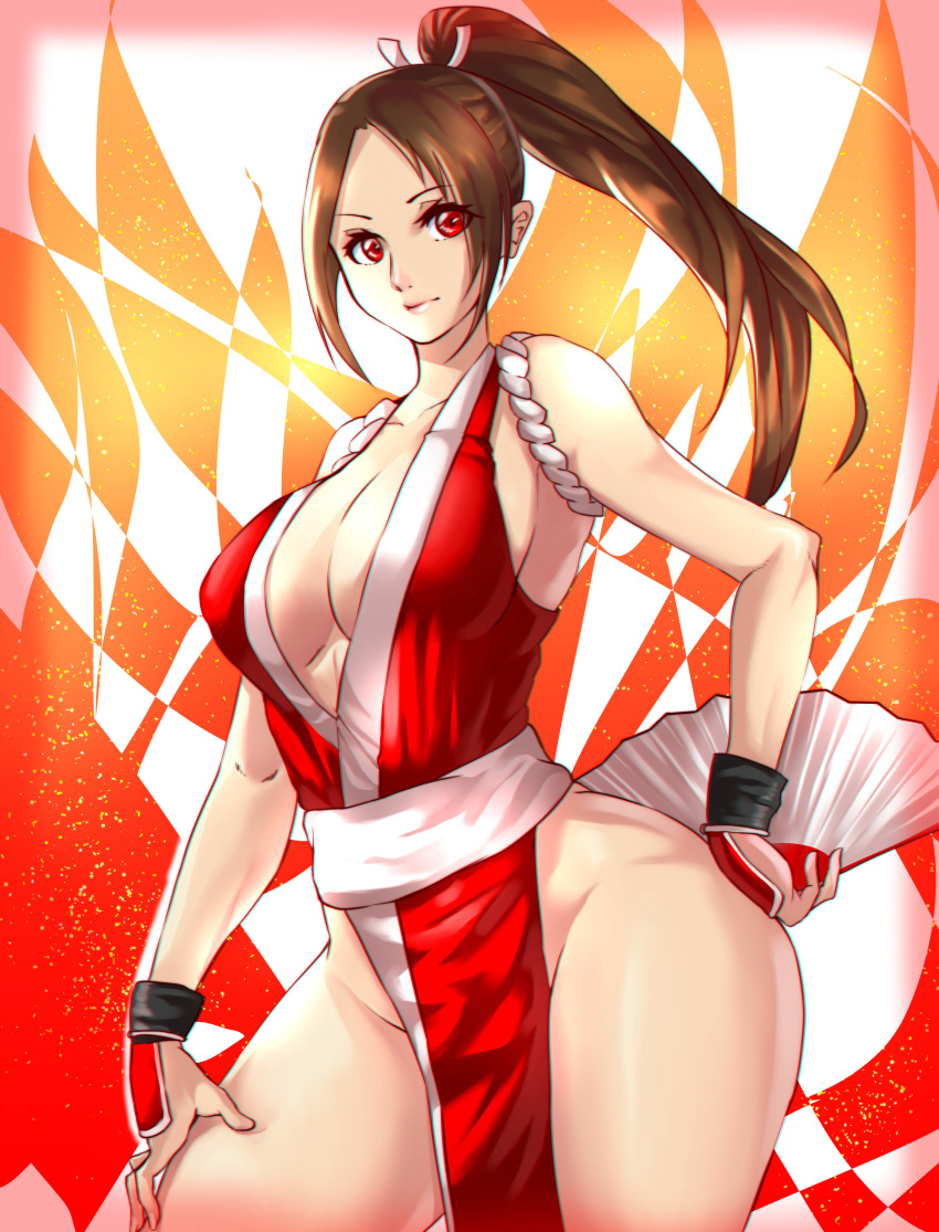 1girl absurdres bangs bare_shoulders breasts brown_hair cleavage closed_mouth cowboy_shot fan folding_fan high_ponytail highres japanese_clothes kisaragi_(legobionicle23) large_breasts looking_at_viewer ninja no_panties parted_bangs pelvic_curtain ponytail red_eyes revealing_clothes rope shiranui_mai sideboob smile solo the_king_of_fighters
