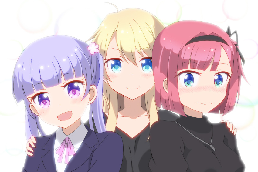 3girls :d black_hairband black_ribbon black_shirt blonde_hair blue_eyes blue_hair blush collarbone eyebrows_visible_through_hair hair_between_eyes hair_ornament hair_ribbon hairband hand_on_another's_shoulder head_tilt jacket jewelry long_hair looking_at_viewer miracle mochizuki_momiji multiple_girls neck_ribbon necklace new_game! open_mouth pink_ribbon redhead ribbon shirt short_hair smile suzukaze_aoba twintails upper_body white_background white_shirt yagami_kou