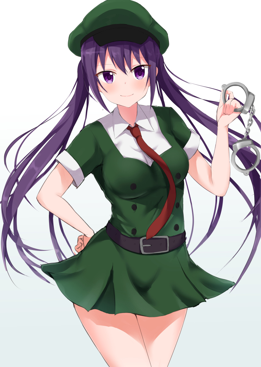 1girl absurdres alternate_costume bangs bare_arms belt_buckle black_belt breasts buckle closed_mouth collared_dress commentary_request cowboy_shot cuffs dress eyebrows_visible_through_hair gochuumon_wa_usagi_desu_ka? gradient gradient_background green_dress green_hat hand_on_hip handcuffs hat highres holding kirikan large_breasts long_hair looking_at_viewer necktie peaked_cap purple_hair red_neckwear short_sleeves sidelocks smile solo standing tedeza_rize twintails two-tone_background very_long_hair violet_eyes wing_collar