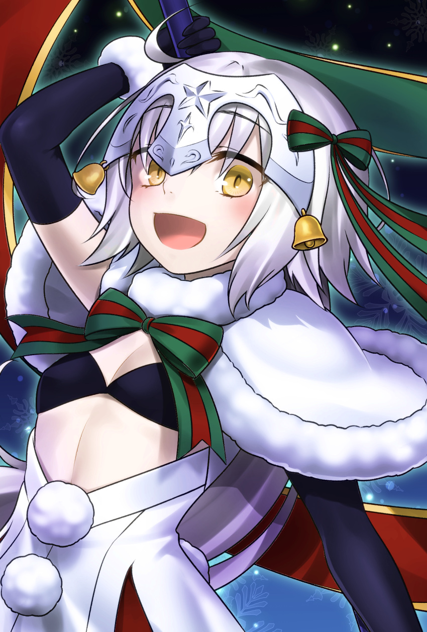 1girl :d bell black_bra black_gloves bra capelet commentary_request elbow_gloves fate/grand_order fate_(series) flat_chest gloves headpiece highres holding jeanne_alter_(santa_lily)_(fate) jeanne_d'arc_(fate)_(all) long_hair looking_at_viewer nora_wanko open_mouth polearm silver_hair smile solo underwear weapon yellow_eyes