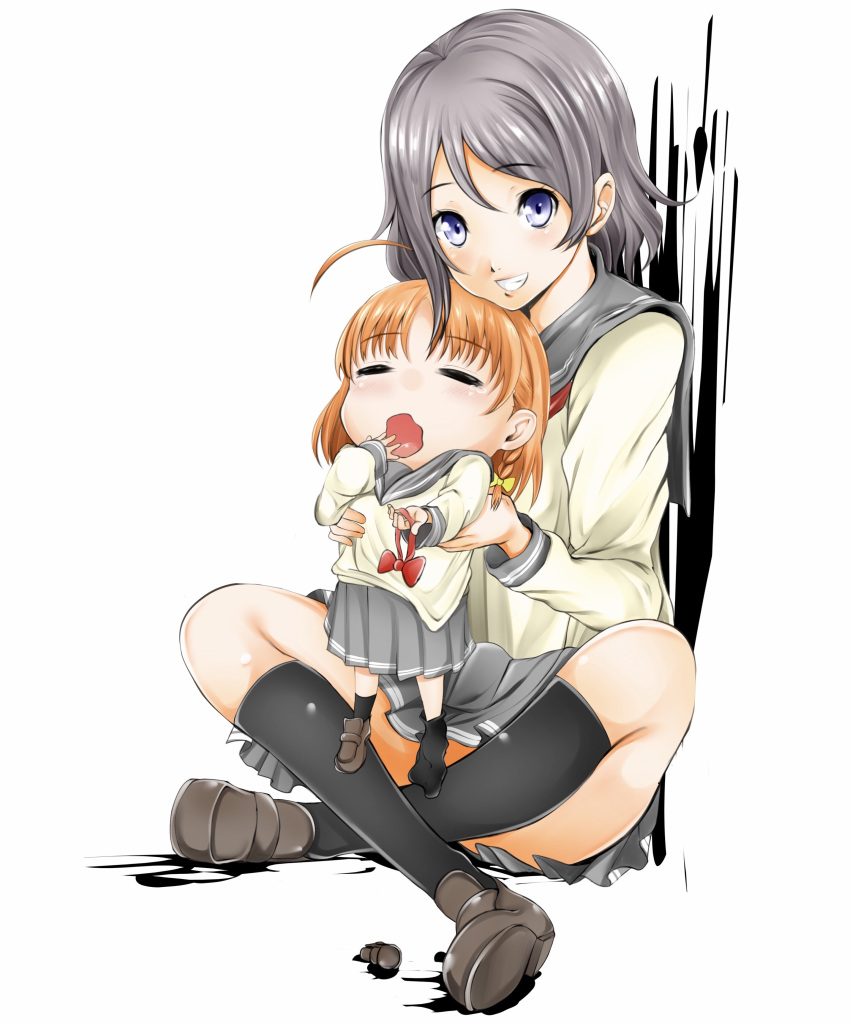 2girls =_= absurdres ahoge black_legwear blush bow braid brown_footwear chibi commentary eyebrows_visible_through_hair full_body grey_hair grey_skirt grin hair_between_eyes hair_bow head_tilt highres holding imo_(evekelu-111) indian_style kneehighs loafers long_sleeves looking_at_viewer love_live! love_live!_sunshine!! multiple_girls open_mouth orange_hair oversized_clothes oversized_shirt pleated_skirt red_neckwear shirt shoes shoes_removed sitting skirt sleeves_past_wrists smile takami_chika uranohoshi_school_uniform watanabe_you white_background yawning yellow_bow