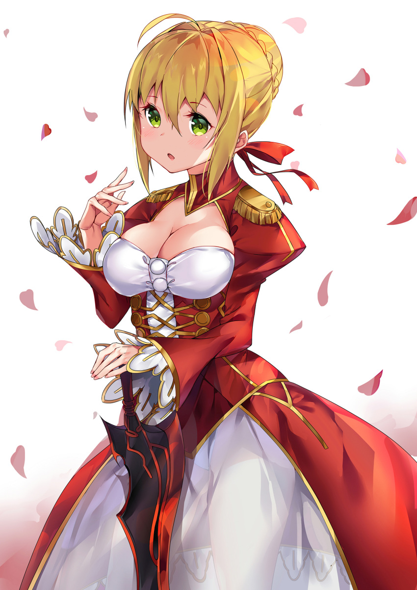 1girl aestus_estus ahoge blonde_hair breasts cleavage cleavage_cutout commentary_request epaulettes fate/extra fate_(series) green_eyes hand_on_hilt highres looking_at_viewer nero_claudius_(fate) nero_claudius_(fate)_(all) petals solo sword tem10 weapon