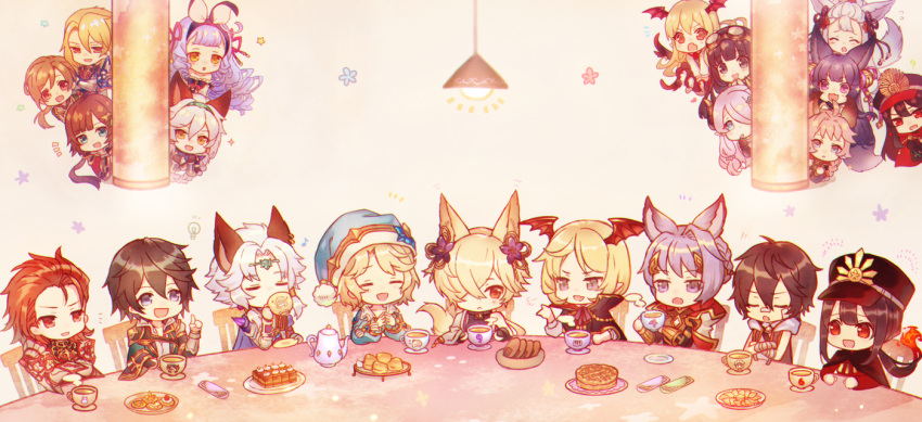 /\/\/\ 6+boys 6+girls :3 :d :o aglovale_(granblue_fantasy) animal_ears armor ayer bandage bandage_on_face bandaged_arm bangs bell betor_(granblue_fantasy) black_hair black_hat blonde_hair blue_eyes blunt_bangs blush braid brother_and_sister brown_eyes brown_hair cain_(granblue_fantasy) cape chibi circlet closed_eyes collarbone column cookie cracker crossed_arms crossover cup demon_archer doraf drinking eating erun_(granblue_fantasy) esser eyebrows_visible_through_hair fate_(series) finger_to_mouth flaming_hair floating_hair food goggles goggles_on_head granblue_fantasy grey_hair hair_bell hair_between_eyes hair_ornament hair_over_one_eye hair_slicked_back hair_tubes hand_to_own_mouth hat head_wings heles horns index_finger_raised jessica_(granblue_fantasy) jingle_bell kou_(granblue_fantasy) lamorak_(granblue_fantasy) lamp lavender_hair leona_(granblue_fantasy) light_bulb long_hair long_sleeves looking_at_another looking_at_viewer low_ponytail morphe_(granblue_fantasy) multiple_boys multiple_girls napkin narumeia_(granblue_fantasy) number oda_nobukatsu_(fate/grand_order) open_mouth own_hands_together peeking_out percival_(granblue_fantasy) pillar plate pointy_ears purple_hair quatre_(granblue_fantasy) red_eyes senbei seruel shigaraki_(strobe_blue) shirt short_hair siblings silver_hair sitting smile socie_(granblue_fantasy) sparkle spikes steam table tail teacup teapot v-shaped_eyebrows v_arms vampy veight very_long_hair violet_eyes white_hair white_shirt yuel_(granblue_fantasy)