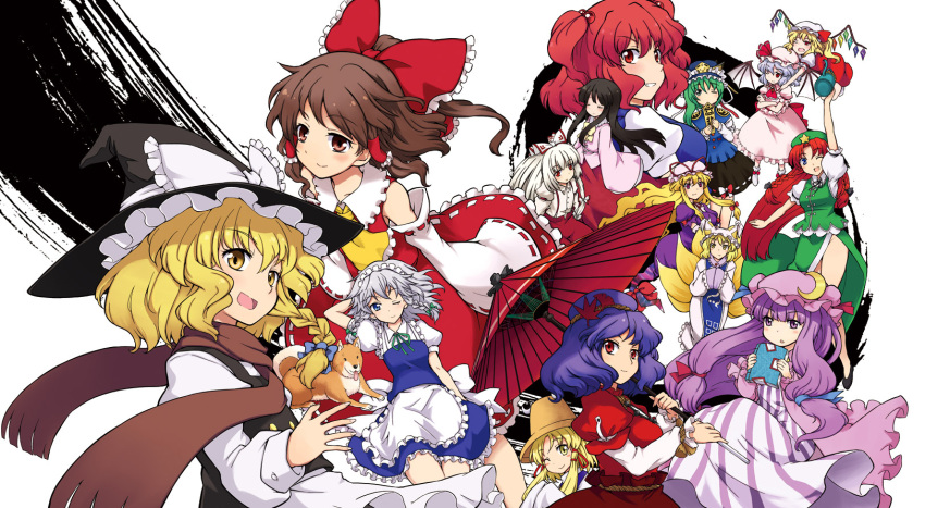 6+girls apron arm_up bat_wings black_hair black_hat blonde_hair blue_hair blush book bow braid brown_eyes brown_hair china_dress chinese_clothes closed_eyes crossed_arms detached_sleeves dog dress flandre_scarlet fujiwara_no_mokou gem green_hair green_hat grin hair_bobbles hair_bow hair_ornament hakurei_reimu hat hat_bow hat_ribbon highres holding holding_book holding_umbrella hong_meiling houraisan_kaguya izayoi_sakuya juliet_sleeves kirisame_marisa long_hair long_sleeves maid_headdress mizumoto_tadashi mob_cap moriya_suwako multiple_girls one_eye_closed onozuka_komachi open_mouth oriental_umbrella patchouli_knowledge pillow_hat puffy_short_sleeves puffy_sleeves purple_hat red_bow red_eyes red_ribbon redhead remilia_scarlet ribbon rod_of_remorse shiba_inu shiki_eiki short_hair short_sleeves silver_hair single_braid smile star straight_hair striped touhou umbrella very_long_hair vest waist_apron wavy_hair white_bow white_hat wide_sleeves wings witch_hat yakumo_ran yakumo_yukari yasaka_kanako yellow_eyes