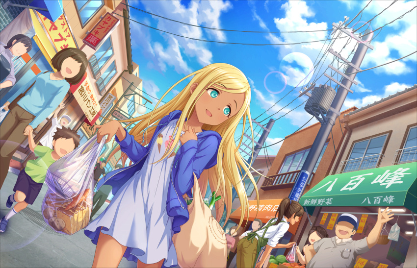 apron aqua_eyes artist_request bag bangs blonde_hair blue_sky child clouds collarbone dark_skin day dress dutch_angle faceless food groceries grocery_bag holding hood hoodie idolmaster idolmaster_cinderella_girls idolmaster_cinderella_girls_starlight_stage layla_(idolmaster) long_hair long_sleeves looking_to_the_side multiple_boys multiple_girls official_art open_mouth outdoors parted_bangs road shop shopping_bag sign sky smile spring_onion sunlight