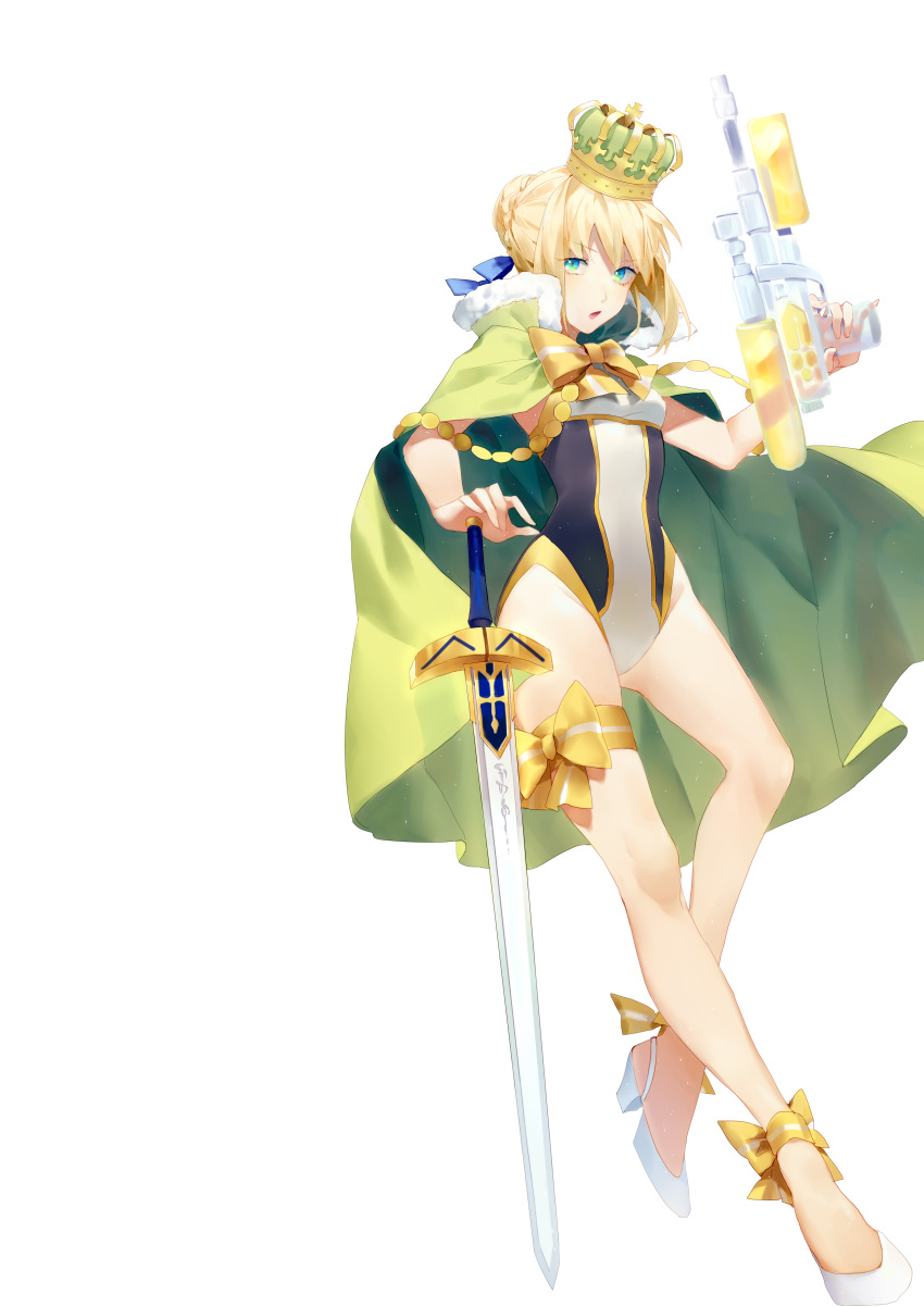 1girl absurdres aqua_eyes artoria_pendragon_(all) artoria_pendragon_(swimsuit_archer) blonde_hair blue_ribbon bow bowtie cape casual_one-piece_swimsuit crown excalibur fate/grand_order fate_(series) green_cape groin gun hair_ribbon high_heels highres holding holding_gun holding_sword holding_weapon looking_at_viewer one-piece_swimsuit open_mouth ribbon short_hair_with_long_locks sidelocks simple_background solo standing swimsuit sword tefco water_gun weapon white_background yellow_neckwear
