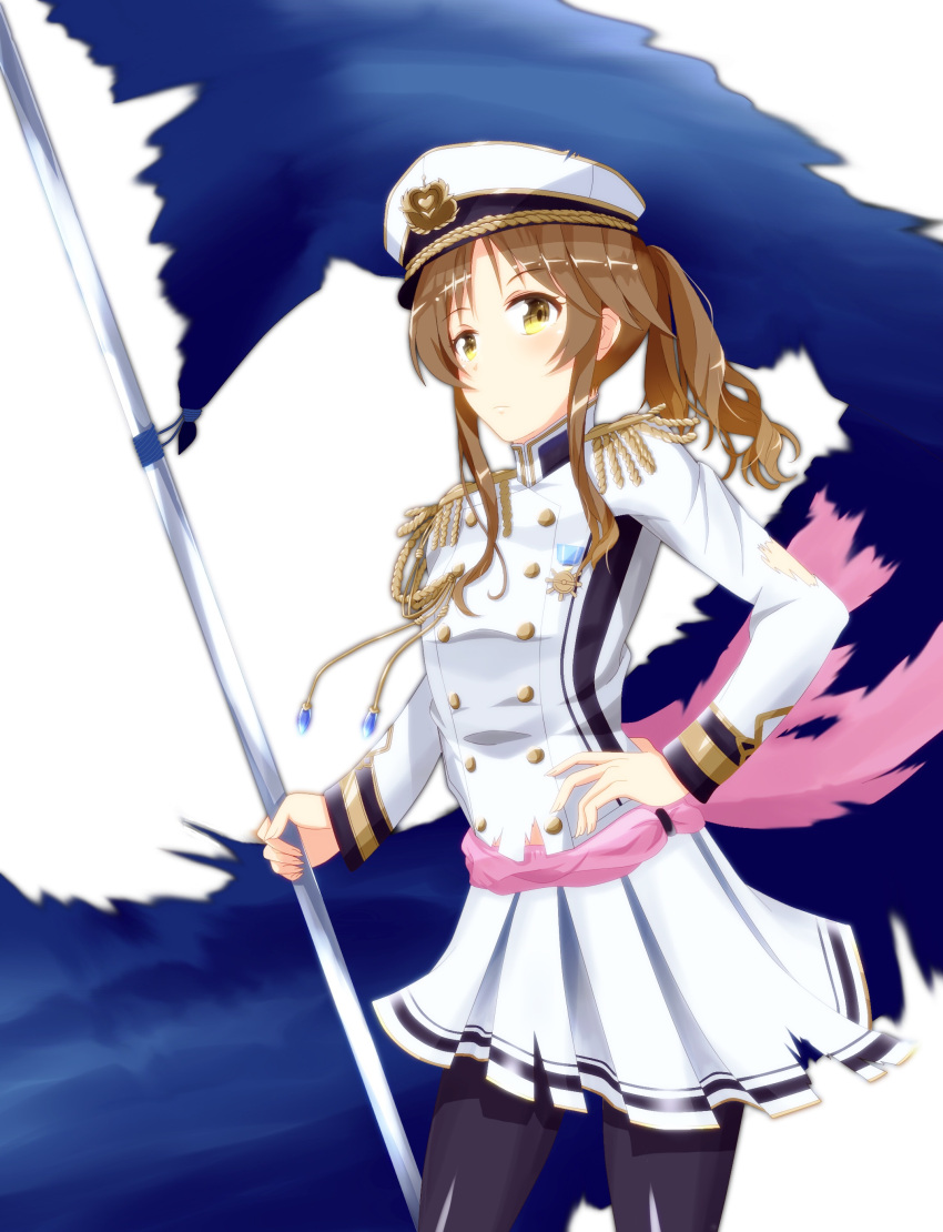 1girl absurdres black_legwear blush brown_eyes brown_hair closed_mouth eyebrows_visible_through_hair flag hand_on_hip hat highres holding_flag idolmaster idolmaster_cinderella_girls long_sleeves looking_at_viewer medium_hair pantyhose ponytail seizon_honnou_valkyria shiru_bupure skirt solo takamori_aiko white_hat white_skirt