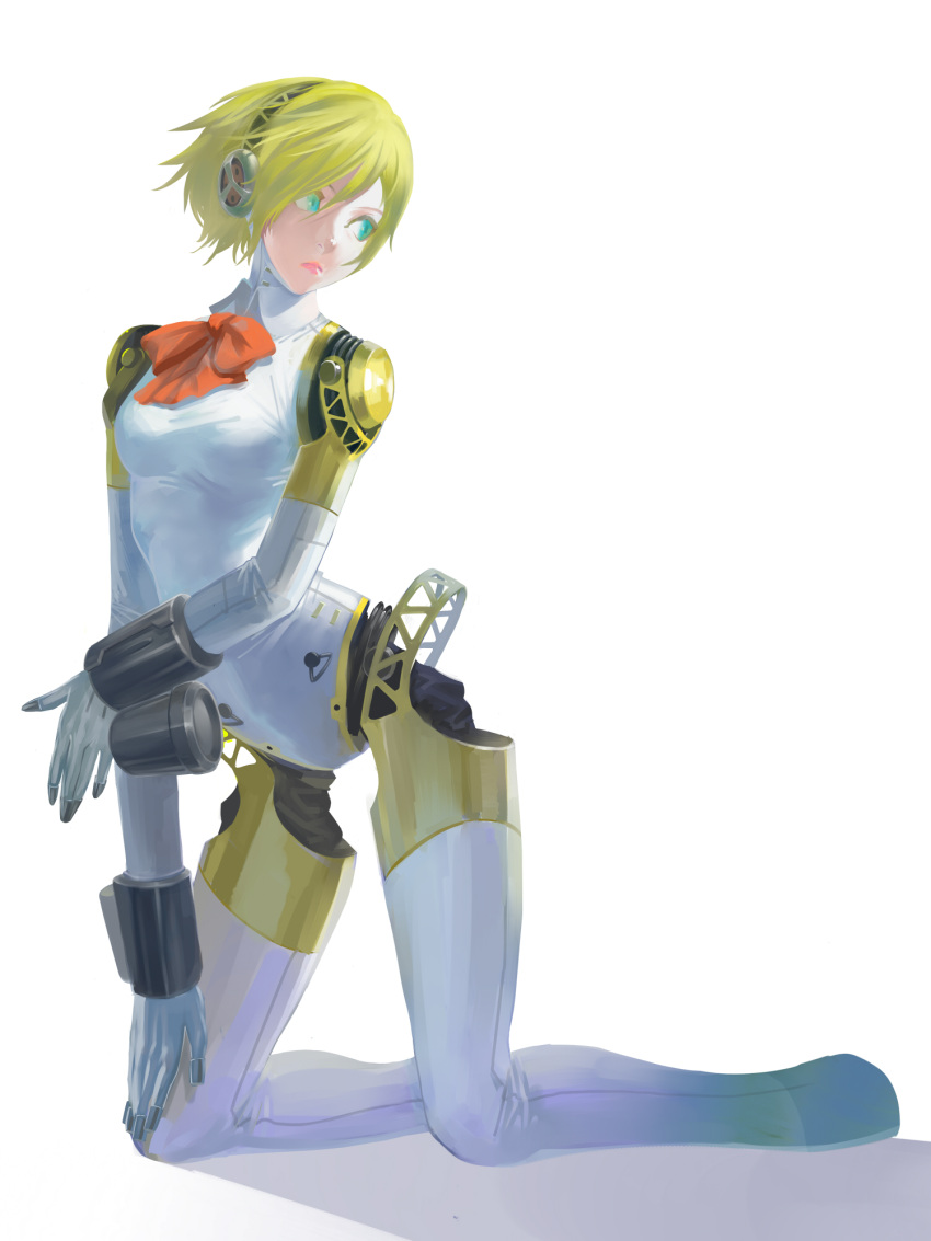 1girl aegis_(persona) android blonde_hair blue_eyes breasts diolemonde headphones highres kneeling persona persona_3 robot_joints short_hair solo