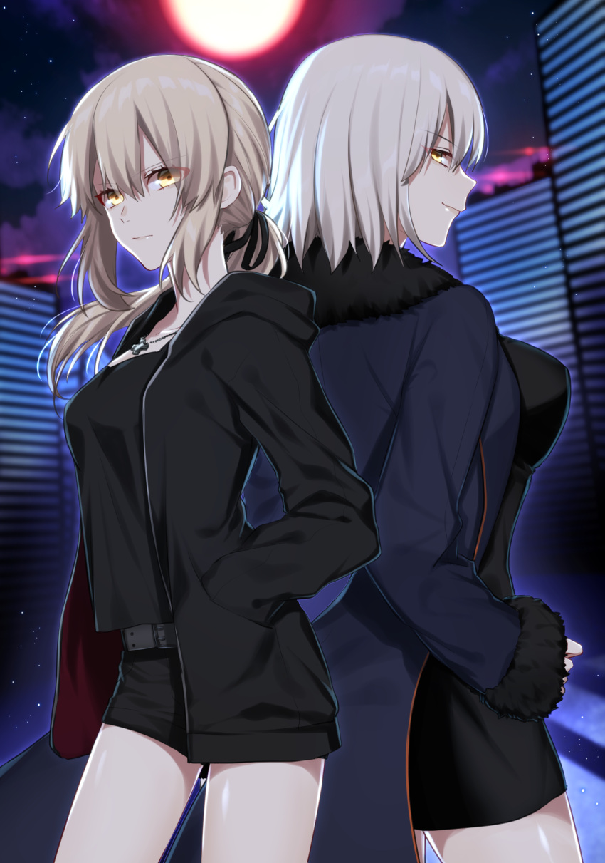 2girls artoria_pendragon_(all) belt black_dress black_jacket black_ribbon black_shirt black_shorts blonde_hair building collarbone cowboy_shot dress eyebrows_visible_through_hair fate_(series) hair_between_eyes hair_ribbon hand_in_pocket highres hood hooded_jacket jacket jeanne_d'arc_(alter)_(fate) jeanne_d'arc_(fate)_(all) jewelry long_hair looking_at_viewer looking_back moon multiple_girls necklace night open_clothes open_jacket outdoors ponytail ribbon saber_alter shiny shiny_skin shirt short_dress short_hair short_shorts shorts sidelocks silver_hair sky standing star_(sky) starry_sky takashima_saki yellow_eyes