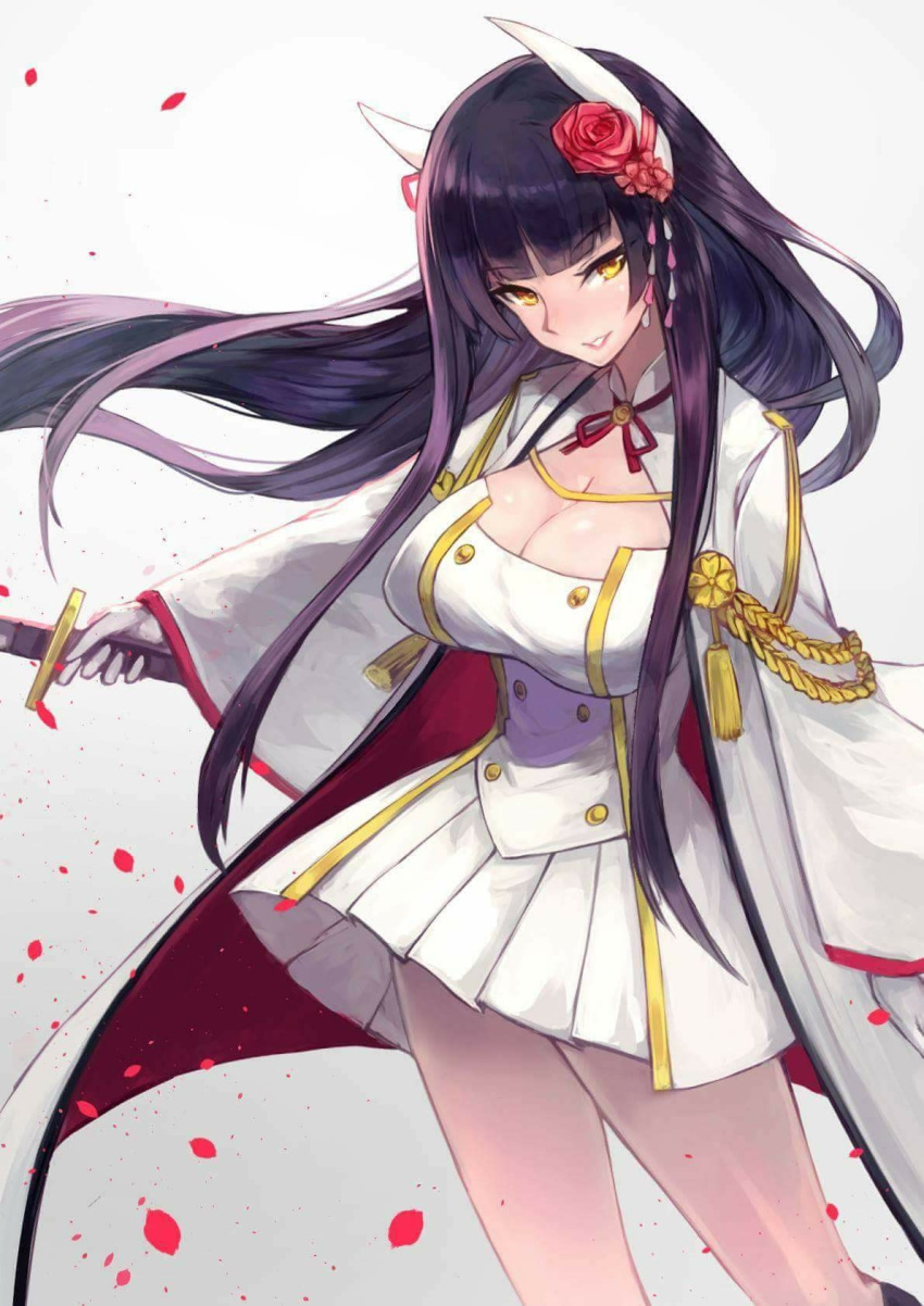 1girl aiguillette azur_lane bangs black_hair blunt_bangs blush breasts cleavage cleavage_cutout cowboy_shot floating_hair flower gloves hiei_(azur_lane) highres horns katana large_breasts long_hair long_sleeves looking_at_viewer military military_uniform parted_lips petals pleated_skirt red_rose rose rose_petals sawawse skirt smile solo sword uniform very_long_hair weapon white_gloves white_skirt wide_sleeves yellow_eyes
