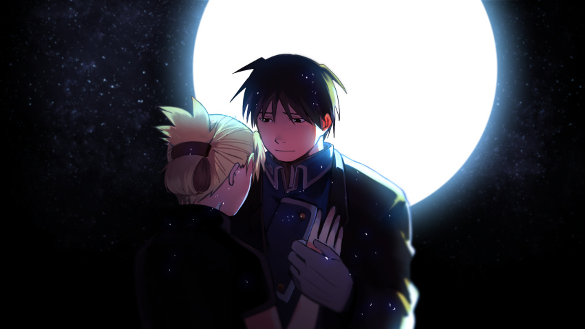 1boy 1girl back_turned black_eyes black_hair black_shirt blonde_hair coat fullmetal_alchemist gloves hand_on_another's_chest highres looking_at_another military military_uniform moon night night_sky riza_hawkeye roy_mustang shirt short_hair sky smile tied_hair uniform
