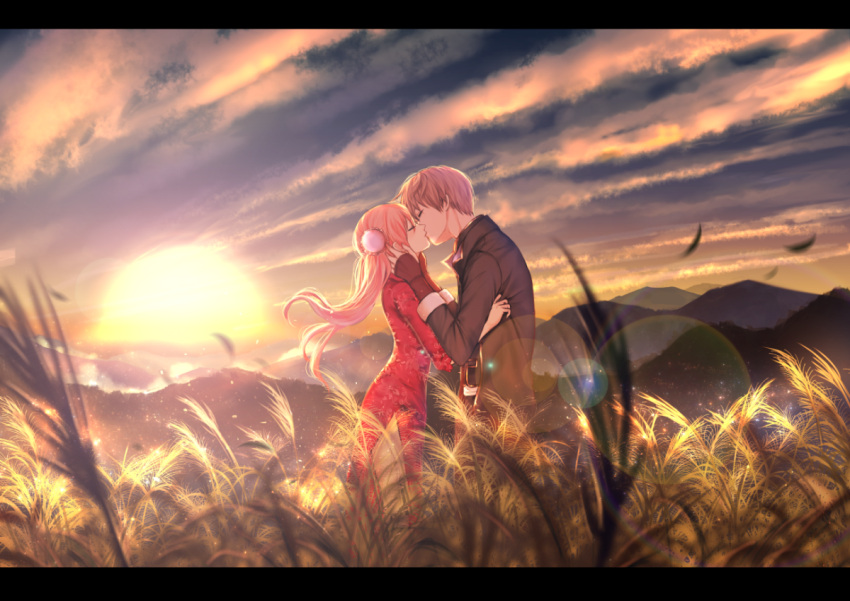 1boy 1girl brown_hair china_dress chinese_clothes closed_eyes couple day dress floating_hair from_side gintama hair_between_eyes hair_bun kagura_(gintama) kiss lens_flare long_hair okita_sougo outdoors red_dress standing sun twintails yamawasabi3