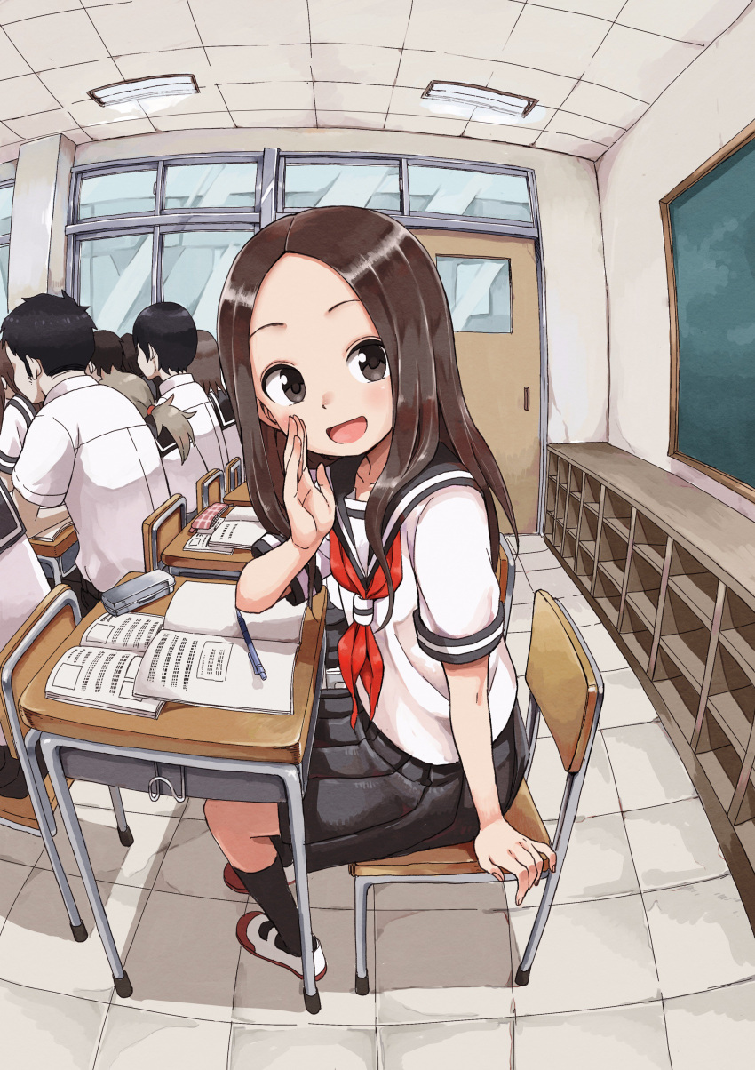 1girl :d absurdres arm_at_side black_legwear black_skirt blush book brown_eyes brown_hair chalkboard classroom desk forehead from_side hand_up highres indoors karakai_jouzu_no_takagi-san kneehighs long_hair looking_at_viewer looking_to_the_side open_book open_mouth pen pencil_case perspective pleated_skirt red_neckwear school_chair school_desk school_uniform serafuku shelf shirt shoes short_sleeves sitting skirt smile solo_focus takagi-san tareme uwabaki white_footwear white_shirt yamamoto_souichirou