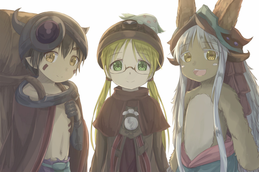 1boy 1girl black_gloves black_hair blonde_hair brown_eyes capelet collarbone glasses gloves green_eyes helmet highres hikari_niji long_hair looking_at_viewer made_in_abyss nanachi_(made_in_abyss) pointy_ears regu_(made_in_abyss) riko_(made_in_abyss) rimless_eyewear sidelocks silver_hair simple_background smile standing twintails upper_body very_long_hair white_background