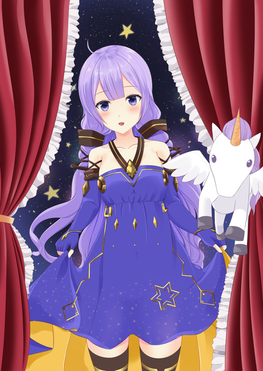 1girl :d absurdres ahoge azur_lane black_legwear commentary_request cosplay curtains dress elbow_gloves fingerless_gloves gloves hair_tubes highres long_hair looking_at_viewer low_twintails night night_sky open_mouth pegasus purple_dress purple_hair shaketarako sky smile star_(sky) starry_sky thigh-highs twintails unicorn unicorn_(azur_lane) violet_eyes vocaloid vocanese xingchen xingchen_(cosplay) zettai_ryouiki
