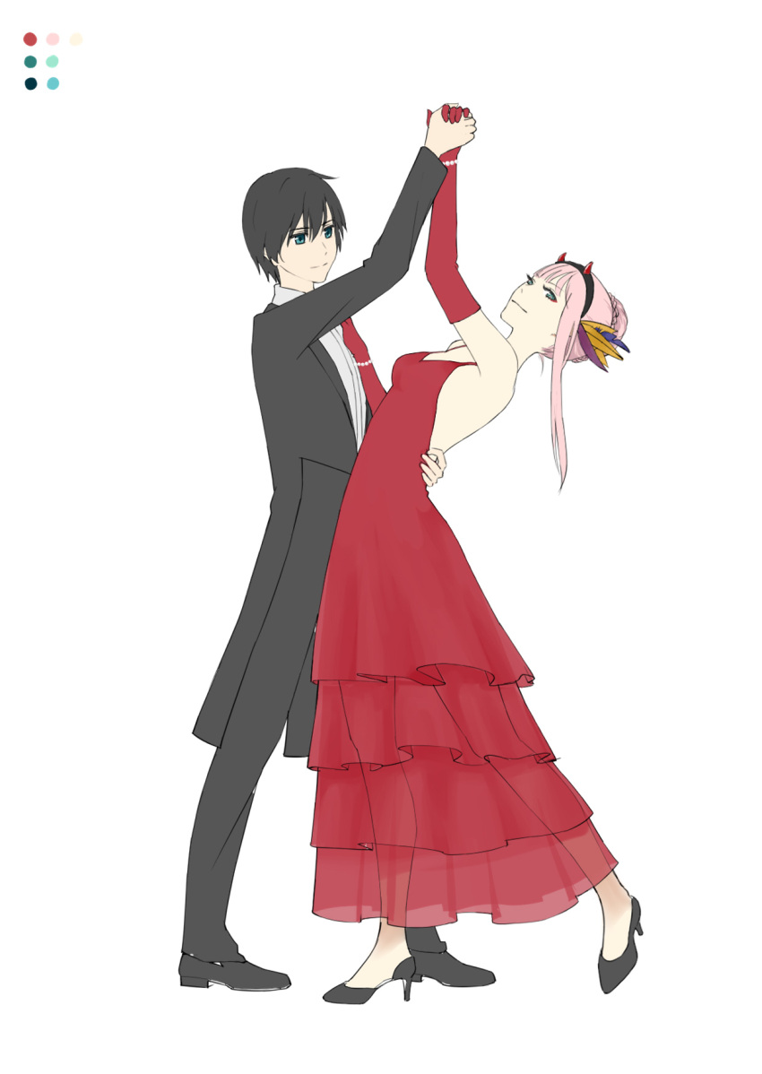 1boy 1girl bangs black_footwear black_hair black_pants blue_eyes breasts commentary_request couple dancing darling_in_the_franxx dress elbow_gloves eyebrows_visible_through_hair formal gloves green_eyes hair_ornament hairband hand_on_another's_back hand_on_another's_shoulder hetero high_heels highres hiro_(darling_in_the_franxx) holding_hand horns long_hair medium_breasts new_romantics no_socks oni_horns pant_suit pants pink_hair red_dress red_gloves red_horns shoes short_hair sleeveless sleeveless_dress suit tango white_hairband zero_two_(darling_in_the_franxx)