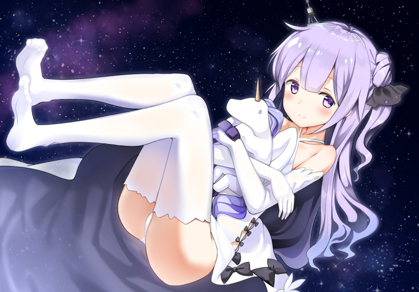 1girl ass azur_lane bell_(oppore_coppore) collarbone commentary_request doll_hug dress elbow_gloves gloves hair_bun hair_ribbon long_hair looking_at_viewer night night_sky one_side_up panties pantyshot pantyshot_(sitting) purple_hair ribbon side_bun sitting sky smile solo star_(sky) starry_sky stuffed_animal stuffed_pegasus stuffed_toy stuffed_unicorn thigh-highs underwear unicorn_(azur_lane) violet_eyes white_dress white_legwear white_panties zettai_ryouiki