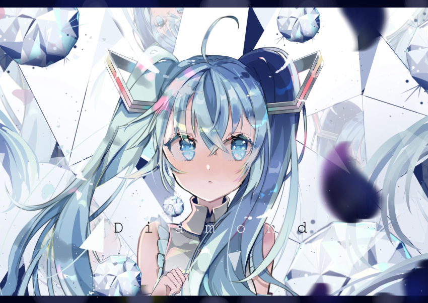 1girl ahoge bangs bare_shoulders blue_eyes blue_hair blue_nails blue_neckwear blurry blurry_foreground closed_mouth colored_eyelashes depth_of_field diamond english expressionless frills grey_shirt hair_between_eyes hair_ornament hatsune_miku letterboxed long_hair nail_polish necktie reflection shatter shiny shiny_hair shirt siho_(ricchil) simple_background solo tareme twintails upper_body vocaloid white_background