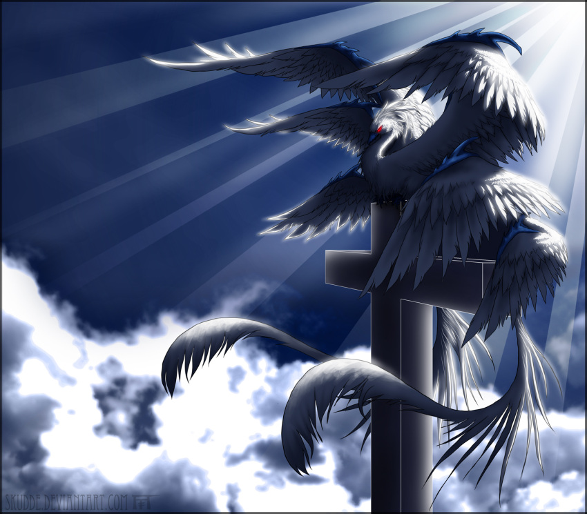 1girl animalization bird clouds cloudy_sky cross highres light_rays multiple_wings red_eyes sariel skudde sky touhou touhou_(pc-98) wings