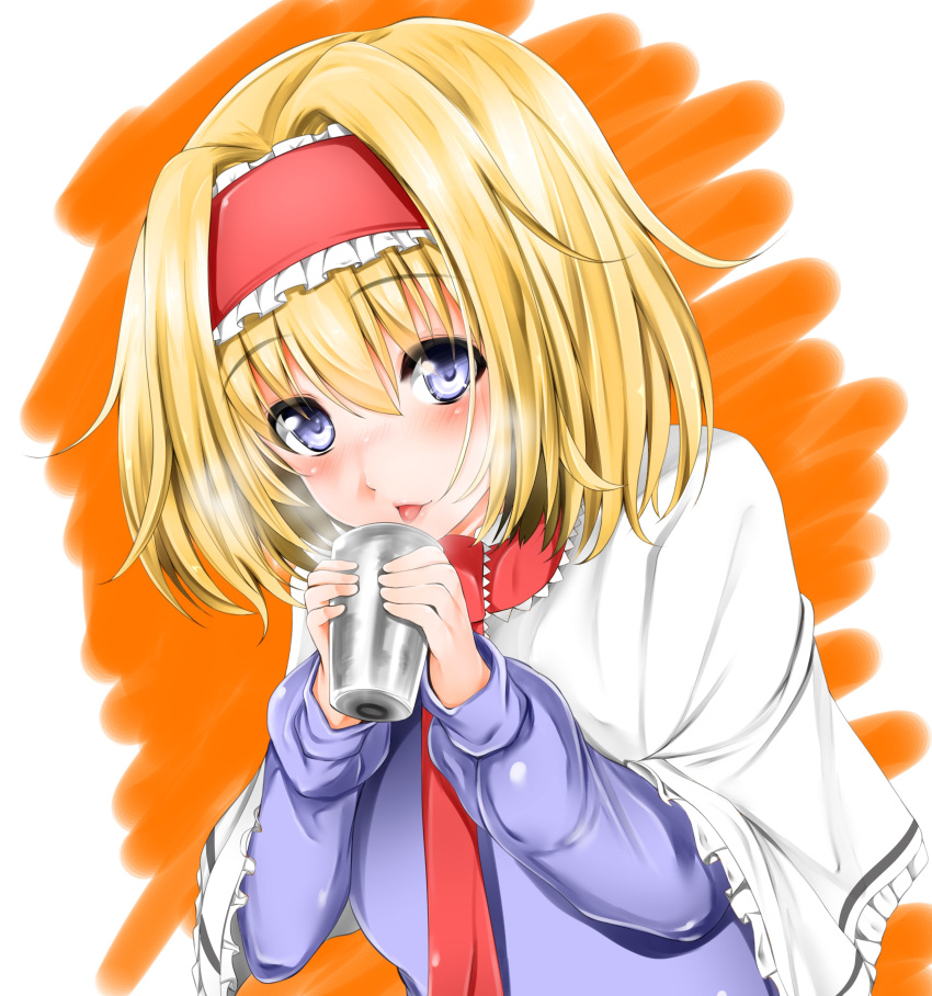 1girl absurdres alice_margatroid blonde_hair blue_eyes blush capelet closed_mouth cup eyebrows_visible_through_hair frilled_hairband hair_between_eyes hairband highres holding holding_cup imo_(evekelu-111) leaning_forward long_sleeves looking_at_viewer orange_background solo steam tongue tongue_out touhou upper_body