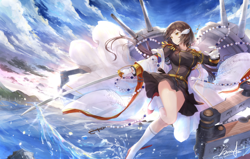 1girl anchor armband azur_lane beads black_hair black_panties gloves grin horn katana koroneko_p0w0q long_sleeves low_ponytail machinery mikasa_(azur_lane) military military_uniform one_leg_raised panties pantyshot pleated_skirt signature skirt smile solo splashing standing standing_on_liquid sword turret underwear uniform weapon white_gloves white_legwear yellow_eyes