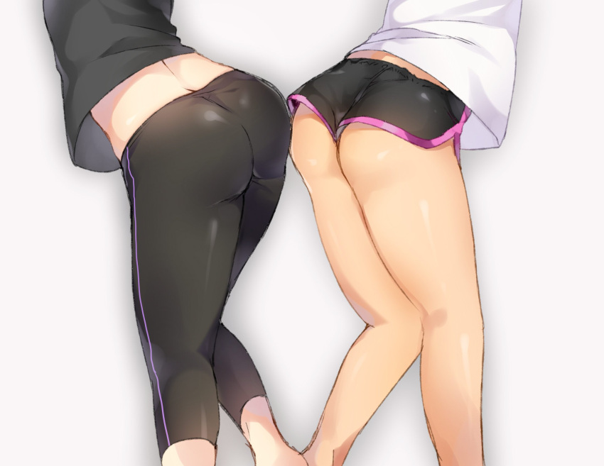 2girls ass ass-to-ass bare_legs black_shirt black_shorts butt_crack from_behind grey_background gym_shorts highres inkling iriehana leaning_forward leg_up leggings legs lower_body multiple_girls shirt short_shorts shorts simple_background skin_tight splatoon standing standing_on_one_leg thighs white_shirt