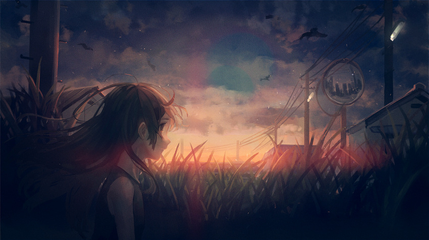 1girl backlighting bird black_hair brown_eyes city clouds cloudy_sky commentary dark field frown grass house lens_flare light_particles long_hair mirror muted_color namihaya original reflection rural scenery sky sleeveless solo telephone_pole twilight wind