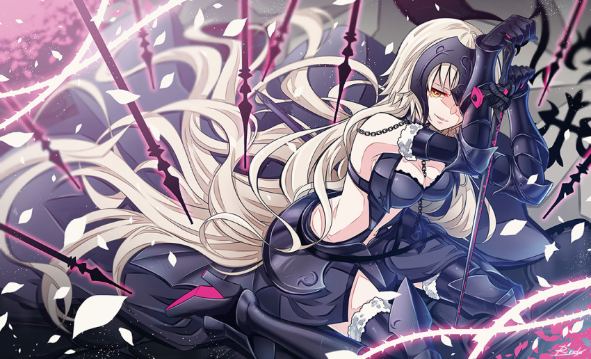 1girl absurdly_long_hair armor armored_boots black_footwear black_gloves black_legwear boots breasts brown_eyes chains cleavage fate/grand_order fate_(series) fur_trim gloves high_heel_boots high_heels jeanne_d'arc_(alter)_(fate) jeanne_d'arc_(fate)_(all) long_hair looking_at_viewer medium_breasts midriff navel petals rindo silver_hair sitting solo stomach thigh-highs very_long_hair