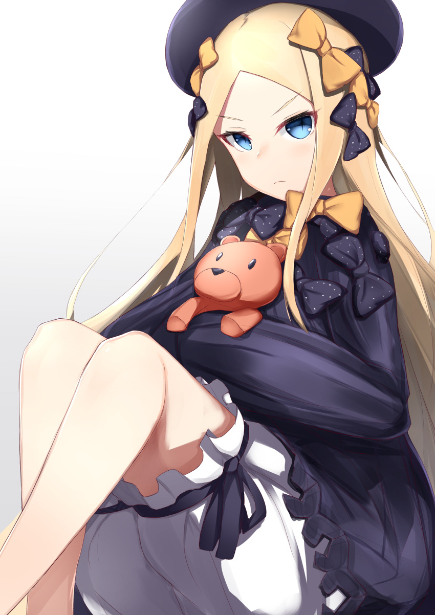 1girl absurdres bangs black_bow black_dress black_hat blonde_hair bloomers blue_eyes bow butterfly closed_mouth commentary_request dress fate/grand_order fate_(series) gradient gradient_background grey_background hair_bow hat highres long_hair looking_at_viewer nanakaku object_hug orange_bow parted_bangs polka_dot polka_dot_bow simple_background sitting solo stuffed_animal stuffed_toy teddy_bear underwear v-shaped_eyebrows very_long_hair white_background white_bloomers