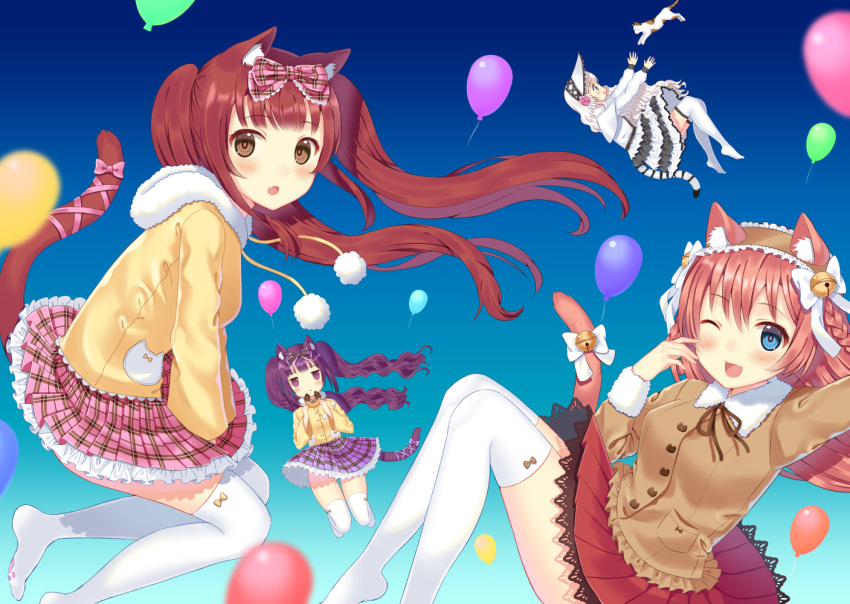 4girls :o :t animal animal_ears balloon bangs bell blue_background blue_eyes blurry blurry_foreground blush bonnet bow braid brown_eyes brown_hair brown_hairband brown_jacket brown_ribbon cat cat_ears cat_girl cat_tail commentary_request covering covering_crotch depth_of_field doughnut dress eating eyebrows_visible_through_hair fang food frilled_hairband frilled_skirt frills fur-trimmed_hood gradient gradient_background hair_bell hair_bow hair_ornament hairband hat holding holding_doughnut holding_food hood hood_down hooded_jacket jacket jingle_bell layered_dress lolita_fashion long_hair long_sleeves looking_at_viewer looking_to_the_side multiple_girls no_shoes original parted_lips pink_bow pink_ribbon pink_skirt plaid plaid_bow plaid_skirt pleated_skirt pom_pom_(clothes) purple_bow purple_hair purple_skirt ribbon sidelocks simple_background skirt tail tail_bell tail_bow tail_ribbon thigh-highs toujou_mina twintails very_long_hair violet_eyes white_bow white_hair white_hat white_jacket white_legwear yellow_jacket