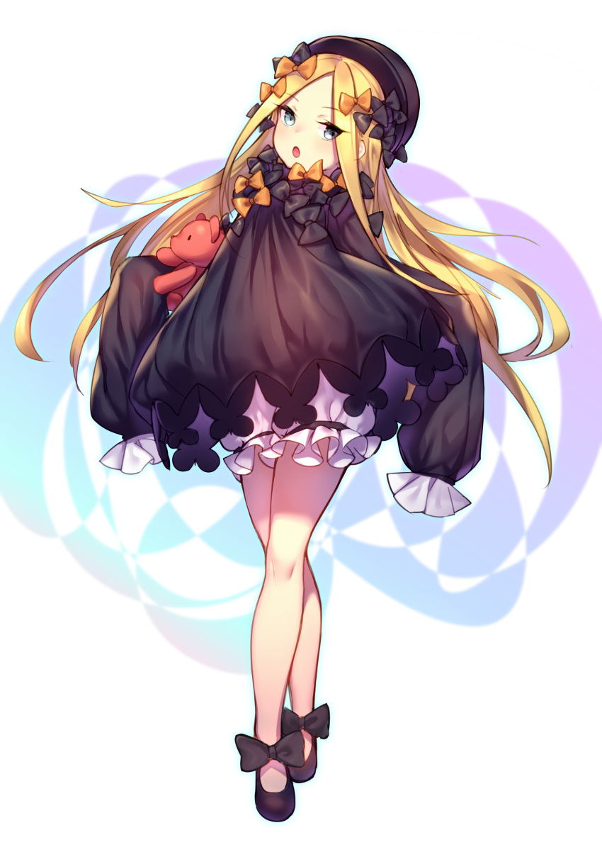 1girl :o black_bow black_dress blonde_hair blue_eyes bow commentary_request dress dress_bow dress_shoes eyebrows_visible_through_hair fate/grand_order fate_(series) frilled_dress frilled_legwear frilled_sleeves frills full_body gothic_lolita hair_bow hands_in_sleeves hat highres holding holding_toy lolita_fashion long_hair long_sleeves looking_at_viewer object_hug open_mouth orange_bow revision salem_(fate/grand_order) shennai_misha shoe_bow shoes solo stuffed_animal stuffed_toy teddy_bear too_many_bows