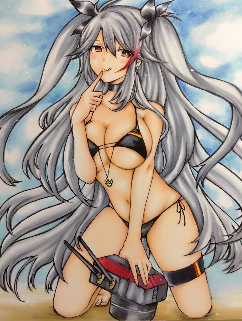 1girl absurdres anchor antenna_hair azur_lane bangs bare_arms bare_shoulders beach bikini black_bikini black_choker black_ribbon blue_sky blush breasts bright_pupils choker cleavage closed_mouth clouds cloudy_sky collarbone cross cross_earrings earrings eyebrows eyebrows_visible_through_hair eyelashes facing_away finger_to_mouth fingernails flag_print floating_hair german_flag german_flag_bikini groin hair_between_eyes hair_ribbon highres jewelry kneeling large_breasts legs_apart light_particles lips long_hair looking_away looking_to_the_side midriff multicolored_hair navel ocean orange_eyes prinz_eugen_(azur_lane) redhead ribbon sakurasakisaki sand side-tie_bikini silver_hair sky smile solo stomach streaked_hair swimsuit thigh_strap toenails tongue tongue_out traditional_media tsurime turret two-tone_hair two_side_up under_boob very_long_hair water watercolor_(medium) white_pupils