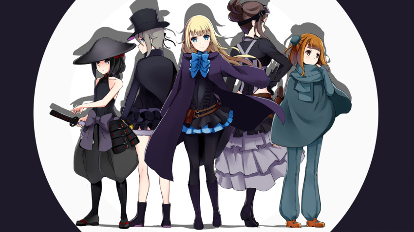 5girls ange_(princess_principal) beatrice_(princess_principal) black_eyes black_footwear black_hair black_hat black_legwear black_pants blonde_hair blue_bow blue_eyes blue_neckwear blue_skirt bow bowtie brown_eyes brown_hair cape collarbone dorothy_(princess_principal) floating_hair full_body goggles goggles_on_head grey_pants grey_scarf grey_skirt hair_bun hand_on_hip hat head_tilt holding holding_sword holding_weapon katana layered_skirt long_hair long_skirt looking_at_viewer looking_back miniskirt mizuki_(mizuki_ame) multiple_girls pants pantyhose pleated_skirt ponytail princess_(princess_principal) princess_principal puffy_pants sheath sheathed skirt sleeveless smile standing sword toudou_chise weapon