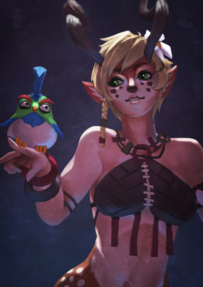 1girl absurdres animal_ears antlers bangle bare_shoulders battlerite bird bird_on_hand blonde_hair blossom_(battlerite) bracelet braid breasts deer_ears furry green_eyes highres jewelry lips midriff monori_rogue navel necklace nose short_hair side_braid small_breasts solo tribal