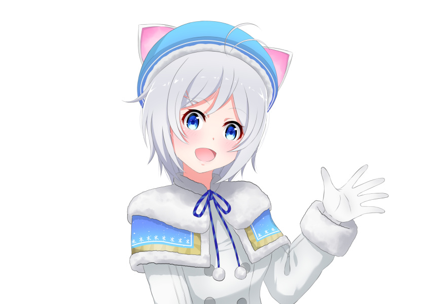 1girl antenna_hair blue_eyes blush breasts coat dennou_shoujo_youtuber_shiro eyebrows_visible_through_hair gloves highres hofumaso large_breasts long_sleeves looking_at_viewer open_mouth shiro_(dennou_shoujo_youtuber_shiro) short_hair smile solo upper_body white_gloves white_hair