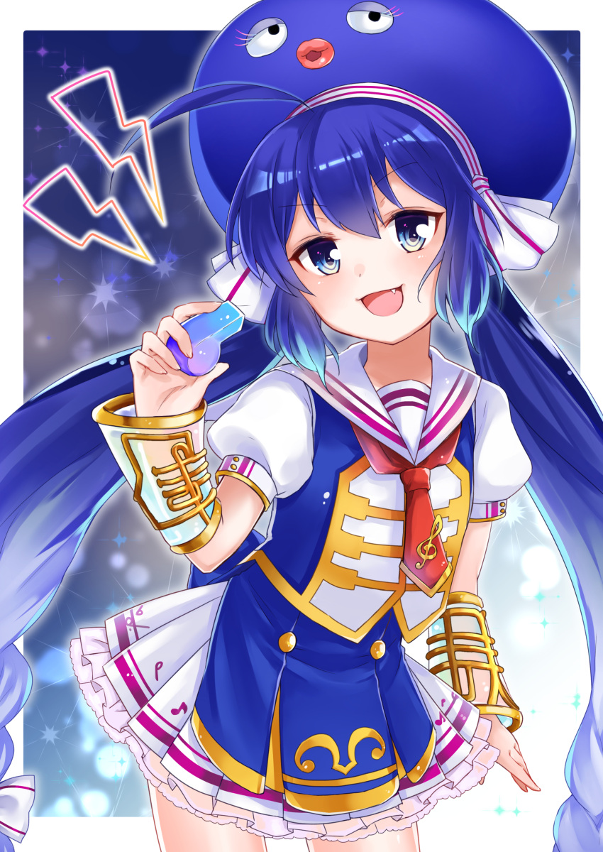 1girl :3 :d absurdres ahoge aqua_hair arm_at_side blue_eyes blue_hair child cowboy_shot detached_sleeves eel_hat eyebrows_visible_through_hair fang gradient_hair hair_between_eyes hair_ribbon hand_up head_tilt highres holding_whistle idol kawagami_raito leaning_forward long_hair looking_at_viewer low-tied_long_hair marching_band multicolored_hair musical_note musical_note_print neckerchief open_mouth otomachi_una outside_border pleated_skirt puffy_short_sleeves puffy_sleeves red_neckwear ribbon sailor_collar short_sleeves skirt smile solo sparkle_background tareme transparent_sleeves twintails v-shaped_eyebrows very_long_hair vocaloid whistle white_border