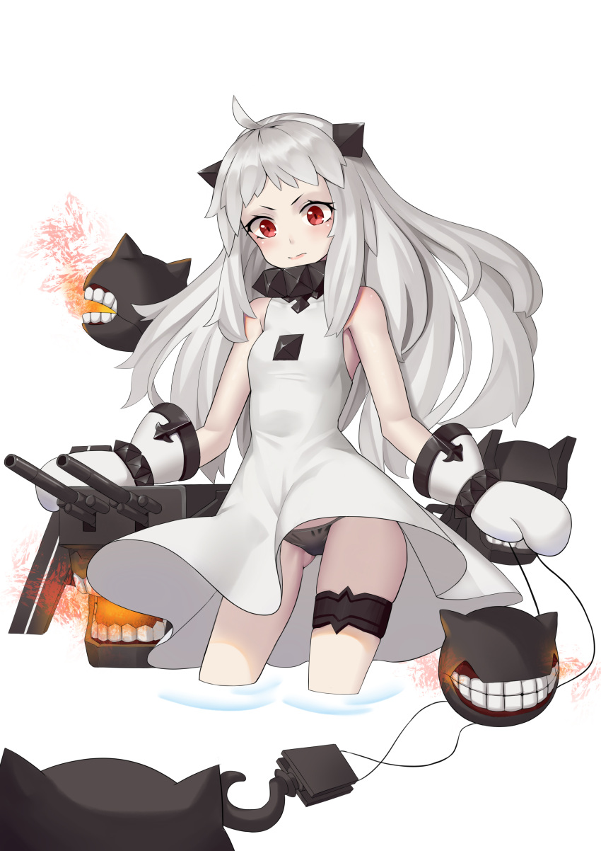 1girl 3: absurdres ahoge black_panties commentary_request dress enemy_aircraft_(kantai_collection) highres horns kantai_collection long_hair looking_at_viewer machinery mittens northern_ocean_hime pale_skin panties pantyshot pantyshot_(standing) red_eyes shallow_water shinkaisei-kan simple_background standing turret underwear v-shaped_eyebrows white_background white_dress white_hair xian_yu_zhanshi