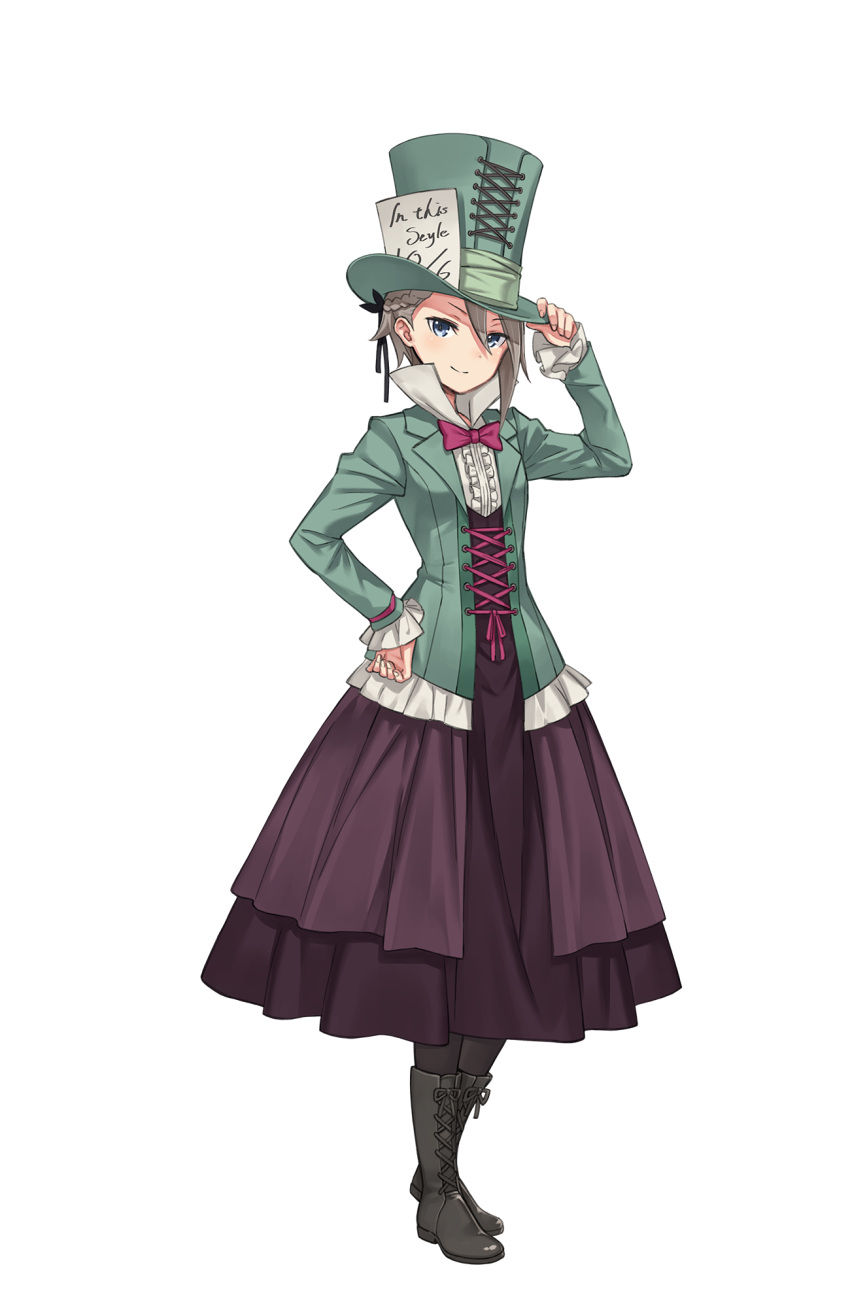 1girl adjusting_clothes adjusting_hat alice_in_wonderland ange_(princess_principal) black_footwear blue_eyes boots bow bowtie braid brown_footwear cosplay cross-laced_clothes cross-laced_footwear dress full_body green_hat grey_hair hand_on_hip hat highres long_sleeves looking_at_viewer mad_hatter mad_hatter_(cosplay) official_art pantyhose princess_principal princess_principal_game_of_mission shoes short_hair skirt smile solo standing top_hat