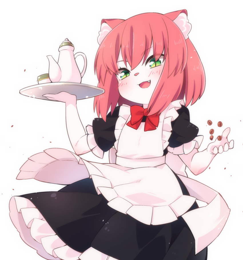 1girl animal_ears apron arm_up black_dress brown_hair carrying cat_ears coffee_beans cup dress fang furry green_eyes highres maid open_mouth original short_hair smile solo teacup teapot tray yuuki_(yuyuki000)
