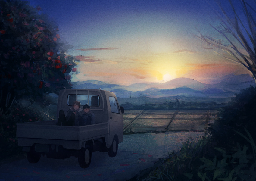 2boys bare_tree black_hair blurry brown_hair clouds coat dawn depth_of_field field ground_vehicle highres hill male_focus motor_vehicle multiple_boys namihaya original rural short_hair sky sleeping sun sunlight tree truck winter_clothes winter_coat