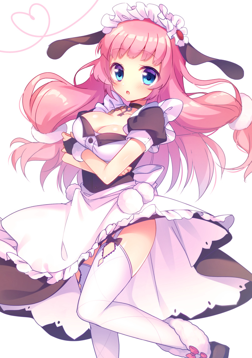 1girl :o animal_ears apron azur_lane bangs black_bow black_choker black_dress black_footwear blue_eyes blush bow breasts cleavage collarbone dress eyebrows_visible_through_hair frilled_apron frills garter_straps hair_ornament heart highres key long_hair looking_at_viewer maid maid_headdress medium_breasts parted_lips pink_hair puffy_short_sleeves puffy_sleeves rabbit_ears red_bow shoes short_sleeves simple_background solo standing standing_on_one_leg suffolk_(azur_lane) thigh-highs very_long_hair waist_apron white_apron white_background white_legwear ytuorvi