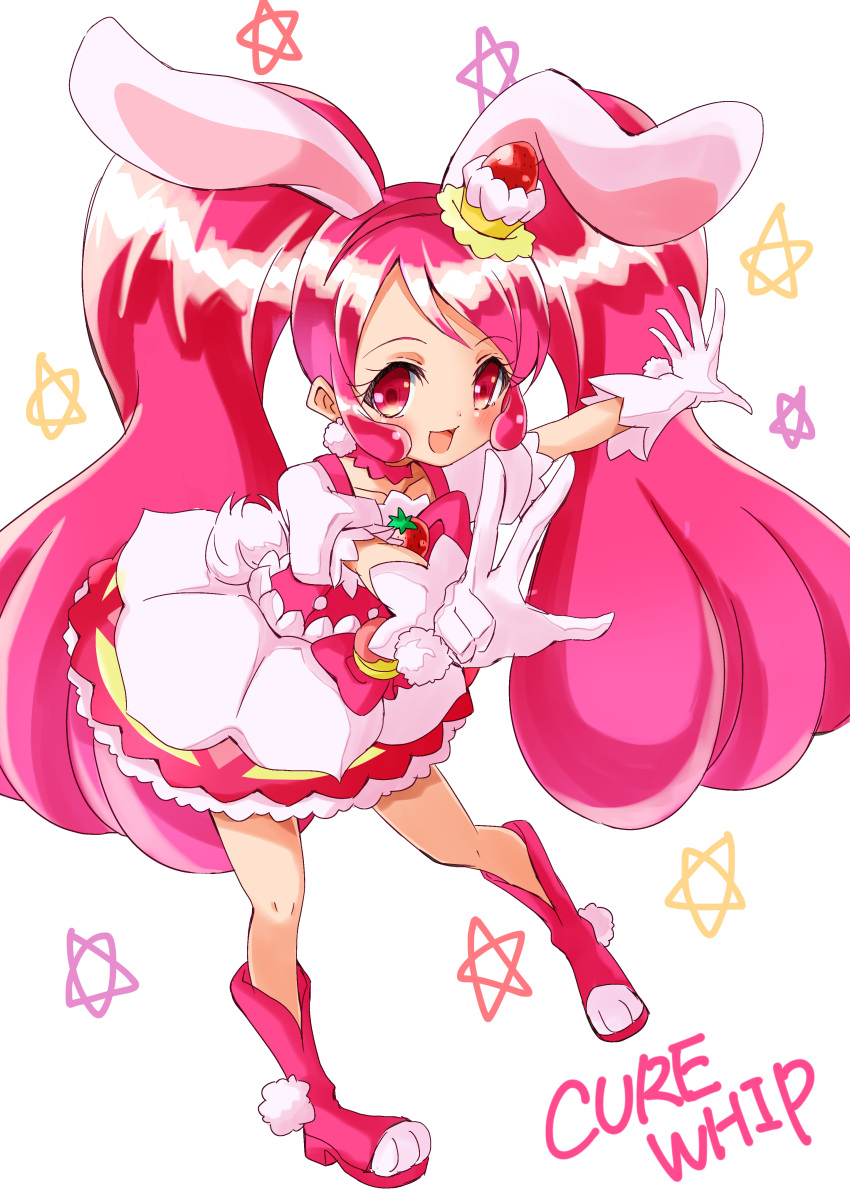 1girl absurdres bow bunny_tail cake_hair_ornament character_name choker cure_whip dress extra_ears food_themed_hair_ornament full_body gloves hair_ornament hairband highres kirakira_precure_a_la_mode long_hair magical_girl pink_bow pink_footwear pink_hair pink_hairband pink_neckwear precure red_eyes shoes simple_background smile solo soraryu_saworu star tail twintails usami_ichika v white_background white_dress white_gloves