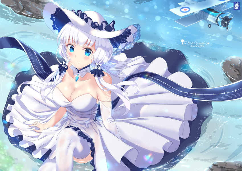 1girl aircraft airplane azur_lane bare_shoulders biplane blue_eyes breasts chinchongcha collarbone detached_collar dress elbow_gloves gloves hat highres illustrious_(azur_lane) large_breasts long_hair looking_at_viewer single_elbow_glove sitting smile solo thigh-highs water white_hair
