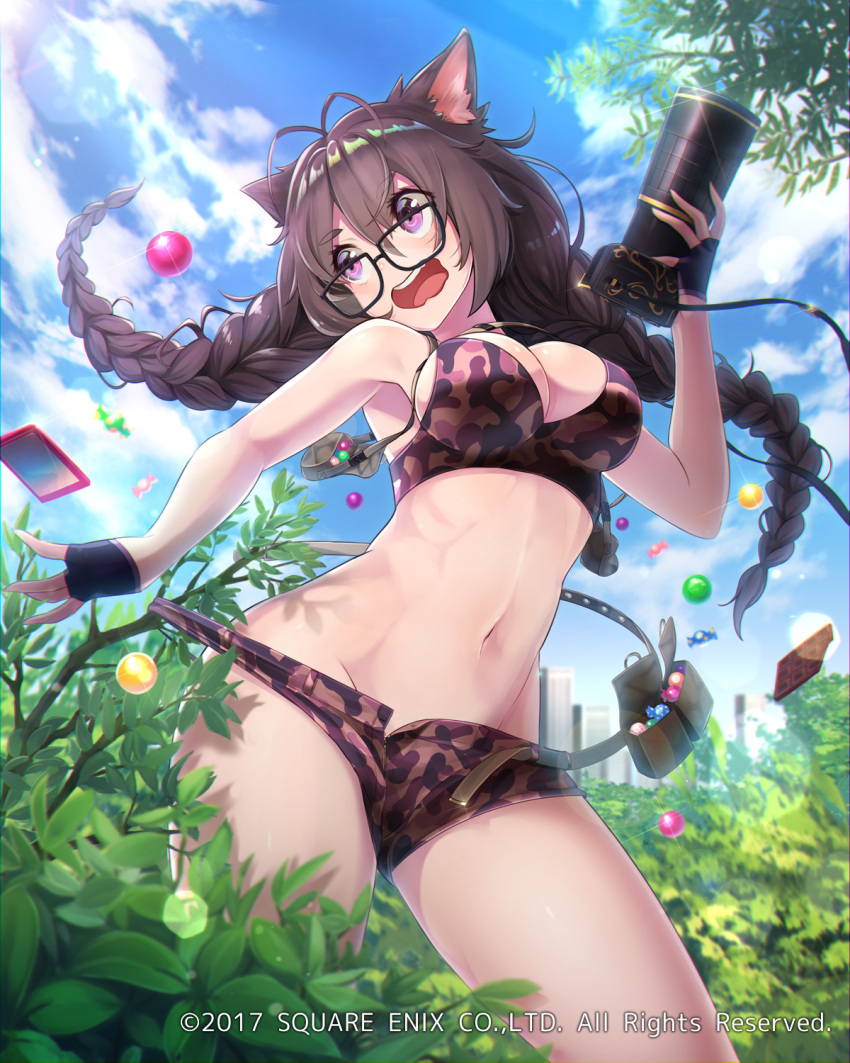 1girl animal_ears bikini bikini_top blue_sky braid breasts brown_hair building bush camera camouflage camouflage_bikini candy cat_ears chocolate city cleavage clouds food highres large_breasts long_hair mappaninatta navel official_art open_mouth outdoors short_shorts shorts sky skyscraper solo standing swimsuit twin_braids venus_rumble violet_eyes wardrobe_malfunction watermark wavy_mouth