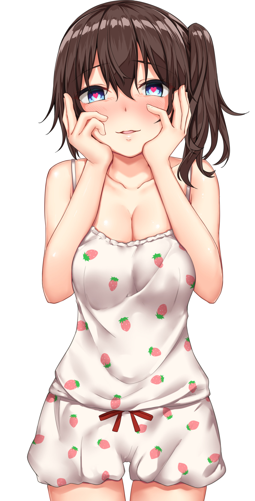 1girl absurdres bangs bare_arms bare_shoulders bloomers blue_eyes blush breasts brown_hair camisole cleavage collarbone cowboy_shot eyebrows_visible_through_hair food_print hands_on_own_cheeks hands_on_own_face hands_up heart heart-shaped_pupils highres jaku_denpa looking_at_viewer medium_breasts nose_blush original parted_lips red_ribbon ribbon shiny shiny_hair short_hair side_ponytail simple_background smile solo spaghetti_strap standing strawberry_print symbol-shaped_pupils thigh_gap underwear underwear_only white_background yandere yandere_trance