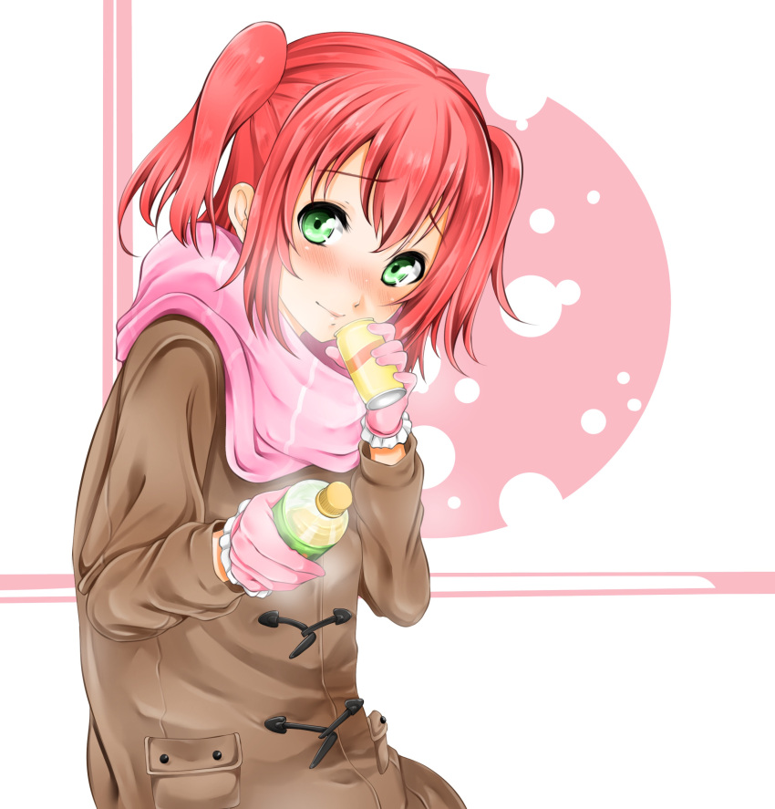 1girl absurdres blush bottle brown_coat can closed_mouth coat drink eyebrows_visible_through_hair frilled_gloves frills furrowed_eyebrows gloves green_eyes hair_between_eyes head_tilt highres holding holding_can imo_(evekelu-111) kurosawa_ruby looking_at_viewer love_live! love_live!_sunshine!! nose_blush pink_gloves pink_scarf redhead scarf smile solo two_side_up